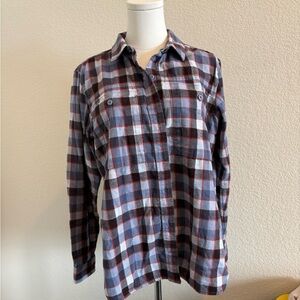 REI Co Op Blue Plaid Flannel LS Shirt Womens Large Cotton Outdoor Nature Hiking